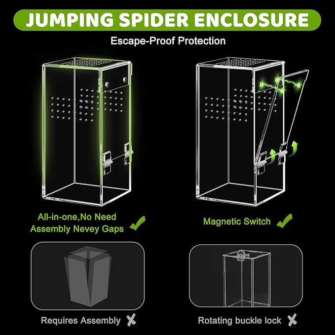 Jumping Spider Enclosure Kit Acrylic Terrarium Reptile Enclosure Accessories Insect Habitat for Mantis Tarantula Snail (Large)