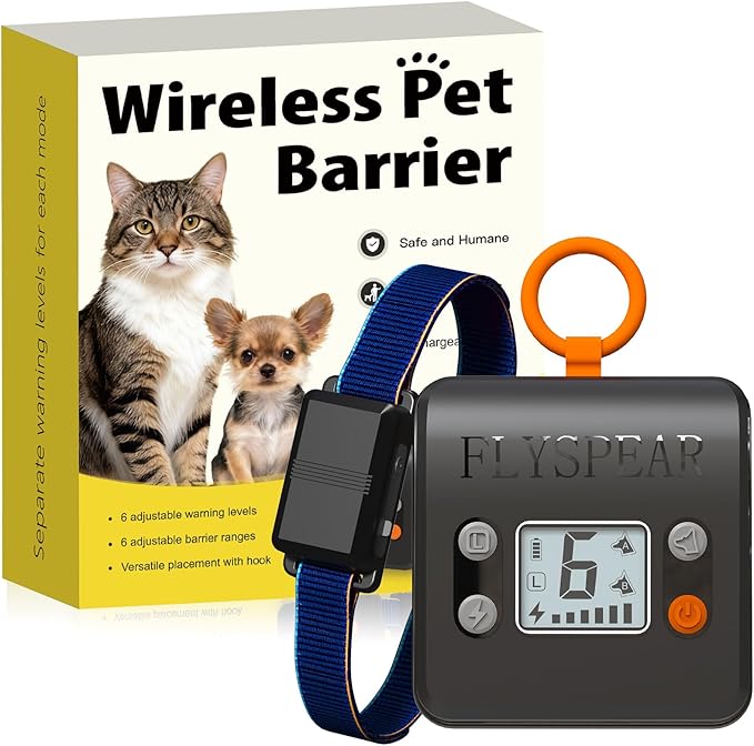 FLYSPEAR Wireless Cat Barrier - Rechargeable Indoor Barrier with 6 Adjustable Range Radius up to 7 ft, 6 Adjustable Safe Static Intensity for Cats Small Dogs with Hook (Wireless Barrier Kit)