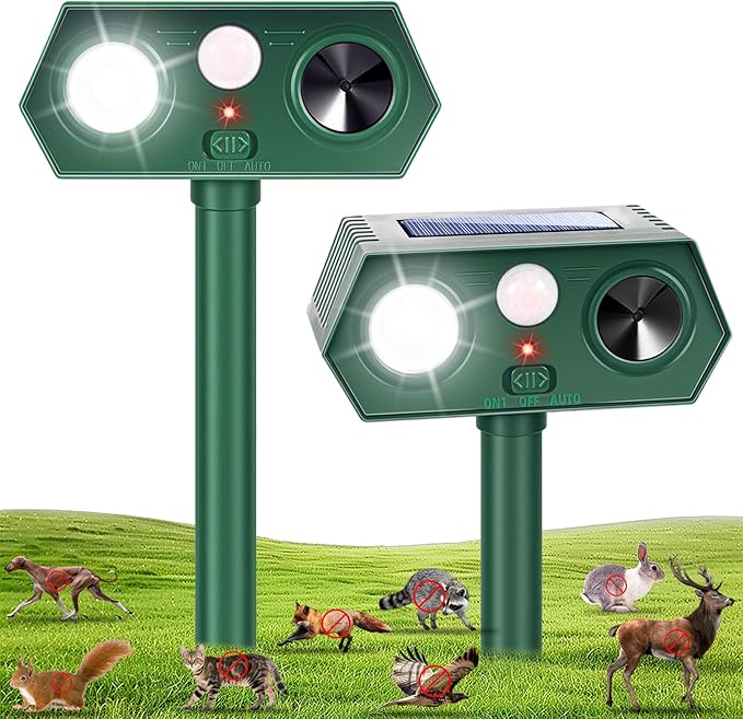 2026 Upgraded Solar Ultrasonic Animal Repellent Deer Repellent Devices with Motion Sensor & Flashing Light Cat Repellent Outdoor to Keep Squirrel Raccoon Rabbit Away from Yard Garden 2 Pack