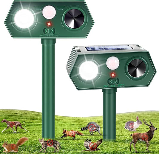 2026 Upgraded Solar Ultrasonic Animal Repellent Deer Repellent Devices with Motion Sensor & Flashing Light Cat Repellent Outdoor to Keep Squirrel Raccoon Rabbit Away from Yard Garden 2 Pack