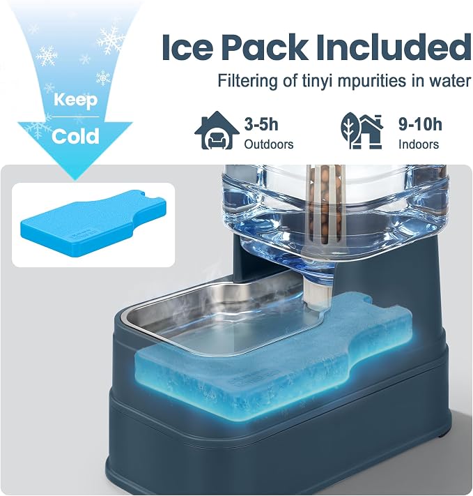 Automatic Cat Water Dispenser Gravity Stainless Steel Water Feeder Dog Waterer Feeder with Wide Mouth Bowl for Small Medium Dog Puppy Kitten (Filter &Ice Pack Included) 1Gallon Navy