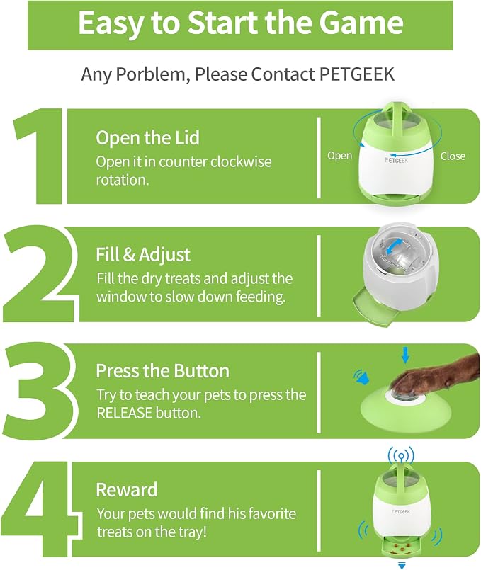 PETGEEK Dog Food Dispenser Toy, Interactive Pet Toys Treat Dispensing for IQ Training, Automatic Dog Treat Dispenser with Button Remote Push, Dual Power Supply for Indoor Outdoor Use, Green Color | Automatic Food Dispenser, Dual Power Supply, Remote Bu...