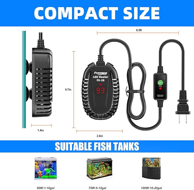 FREESEA Aquarium Fish Tank Heater: 50W Small Submersible Turtle Heater with Adjustable Temperature External Controller for Betta | Saltwater | Freshwater | 1-10 Gallon