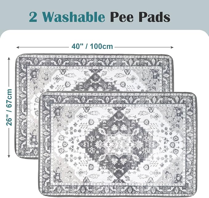 Washable Pee Pads for Dogs, 2 Pack Reusable Puppy Training Pads 40"x26" Super Absorbent Waterproof Dog Training Pads, Non-Slip Potty Pads, Whelping Pads Litter Mat Light Grey Medallion