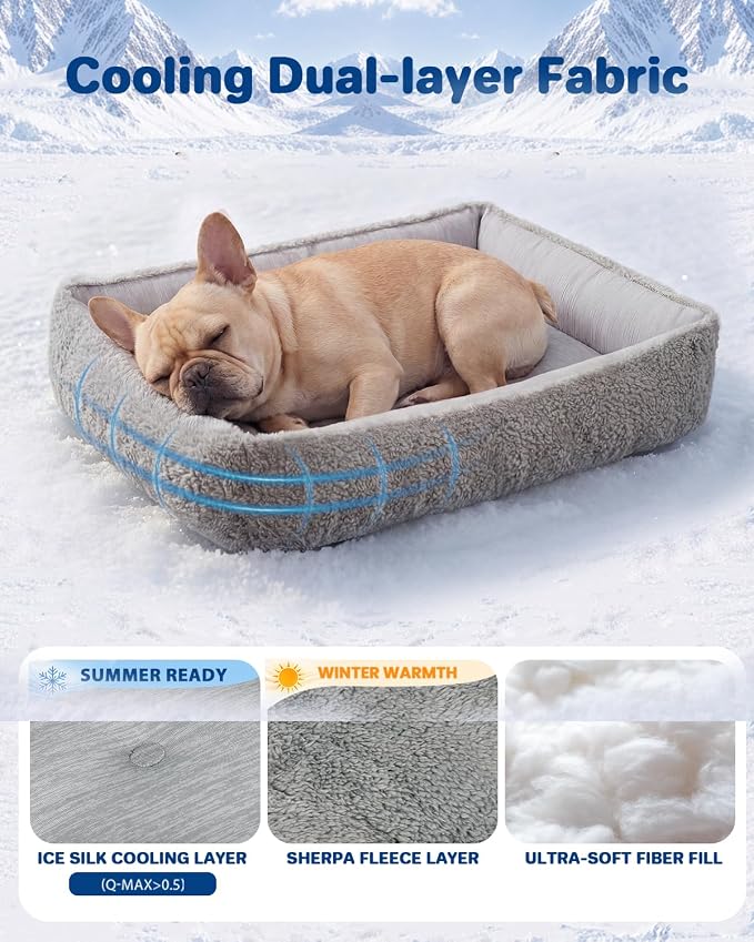 Cooling Dog Bed for Small Medium Dogs - Reversible Design (Ice‑Silk Cooling Layer | Sherpa Fleece Layer), Washable Cooling Mat for Dogs, Cats, Crates 24" × 15"