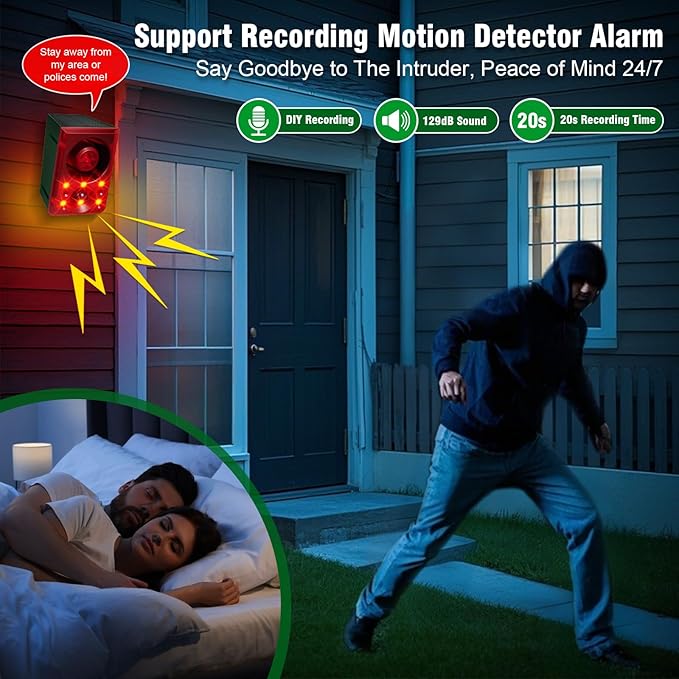 ChunHee Solar Outdoor Motion Sensor Alarm with Dog Barking Gunshot Sound, Support Recording and Adjustable Volume, 130db Loud Noise Maker 3 Work Modes Strobe Light for Home, Villa, Farm, Barn (6pack)