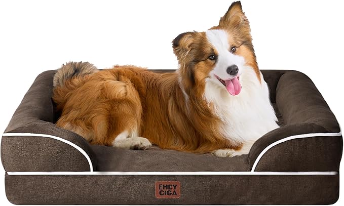 EHEYCIGA Orthopedic Dog Beds Large Sized Dog, Waterproof Washable Pet Bed | Non-Slip Bottom and Egg-Crate Memory Foam XL Dog Couch Bed with Washable Removable Cover, Brown