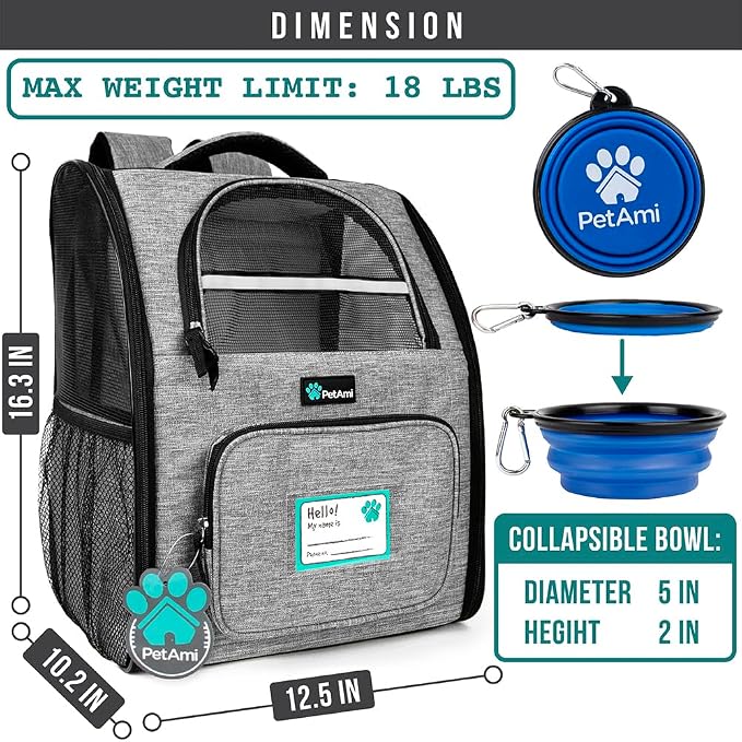 PetAmi Dog Backpack Carrier for Small Medium Dogs Large Cats up to 18 lbs, 2 Side Entry, Structured No-Collapse Frame, Airline Approved Ventilated Pet Backpack for Hiking Camping Travel, Grey