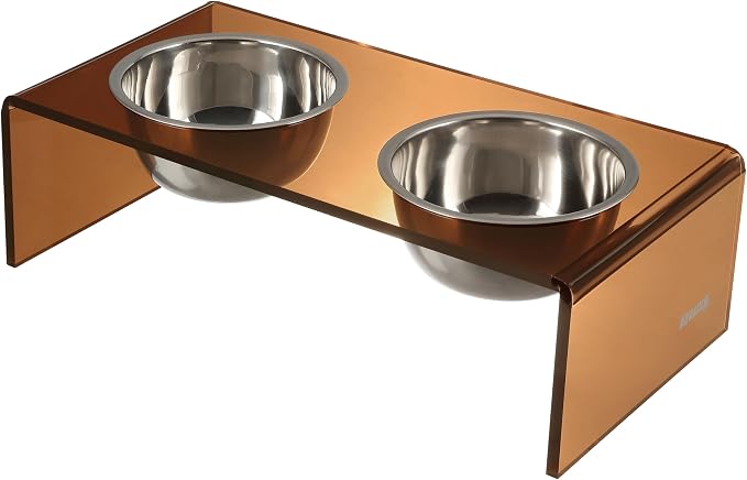 DBL2000D Keaton 5" Small/Medium Modern Acrylic Rectangular Elevated Pet Feeder with 20oz 2-Stainless Steel Bowls, Amber/Chrome