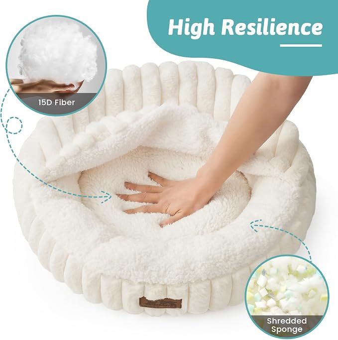 COZY KISS Hooded Blanket Cat Bed – 20"x20" Round Fluffy Donut Cuddler for Cats & Toy Dogs, Anti-Anxiety Faux Fur Pet Bed, Machine Washable with Non-Slip Bottom, Cream
