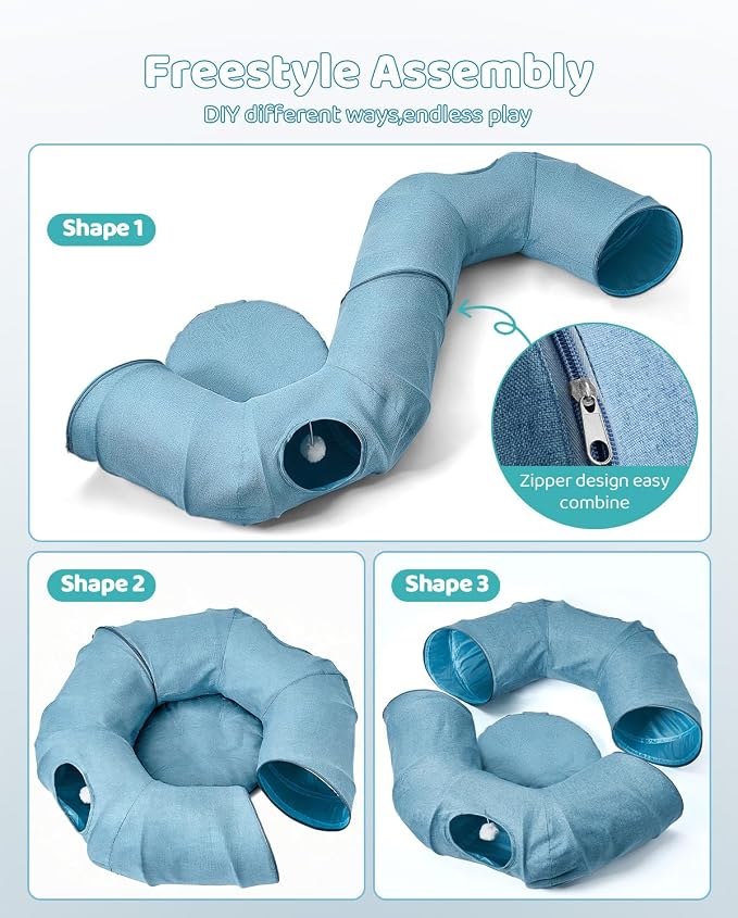 Odoland Linen Cat Tunnels with Central Cat Bed, Interactive Cat Toys Detachable Washable Soft Mat Large Indoor Play Tunnel Cave for Kittens and Small Animals