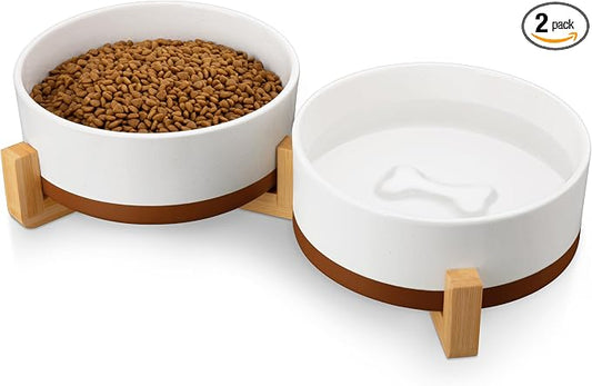 MALACASA Dog Bowls Set with Wooden Stand, 6 Cups Food Water Bowl Set for Medium to Large Size Dogs, Ceramic Pet Bowls with Weighted Non-Slip Base, Basic Bowls for Your Dog,58Oz