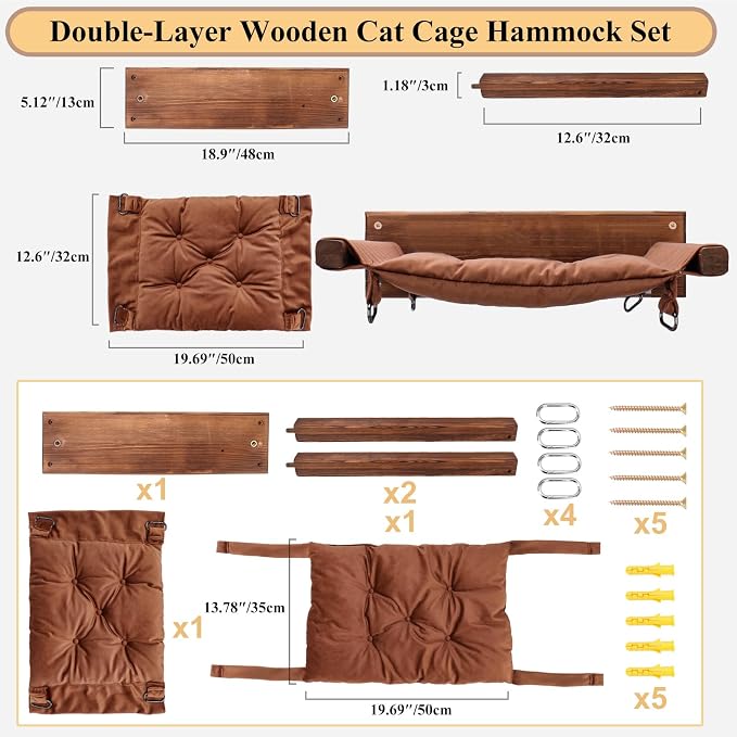 JSPYFITS Wooden Cat Furniture Wall Mounted, Double Layer Hammock, Large Size 18.9″ Removable Multi-Function Cat Bed for Sleep/Play/Climb, Kitten Window Perch, Easy DIY Installation(Brown)