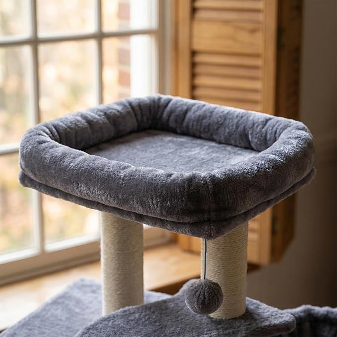AIWIKIDE 36.6'' Multifunction Cat Tree with Cozy Hammock & Hanging Ball, Cat Tower with Activity Cat Condo & Jute-Covered Scratching Posts, Grey