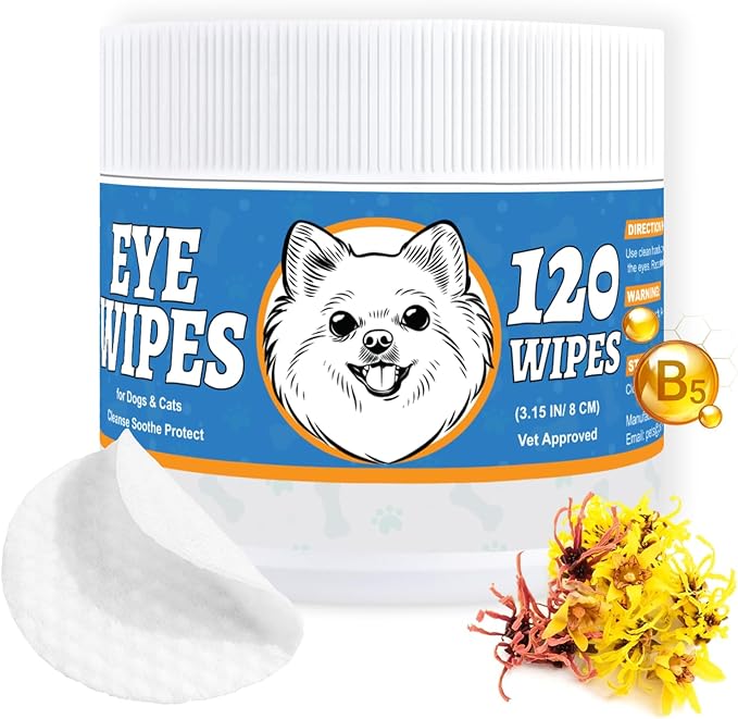 Pet Eye Wipes for Dogs & Cats – Extra-Large Textured Pads Remove Discharge, Crust & Tear Stains – Hypoallergenic Cleaner for Eyes, Wrinkles & Face – Soothing Witch Hazel & Chamomile Formula – 120ct