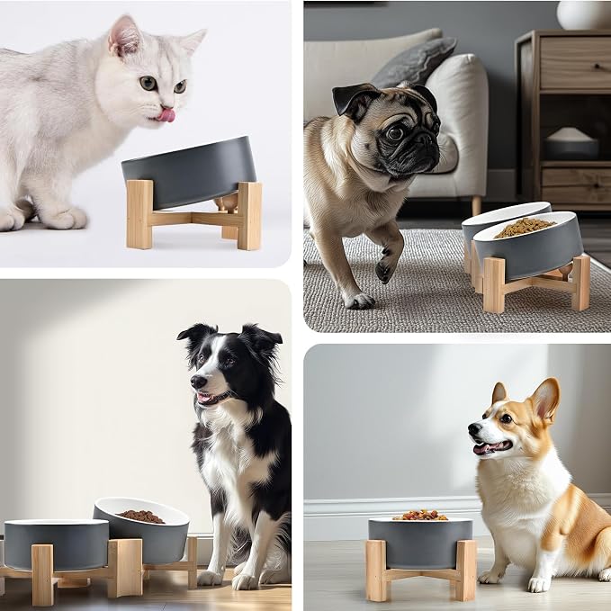 SPUNKYJUNKY 15° Slanted Ceramic Dog and Cat Bowl with Wooden Stand, Tilted Bulldog Food and Water Bowl No Slip Non-Spill for Cats Medium Dogs Big Face Pets 28.7 OZ (3.6 Cups, White-Grey)