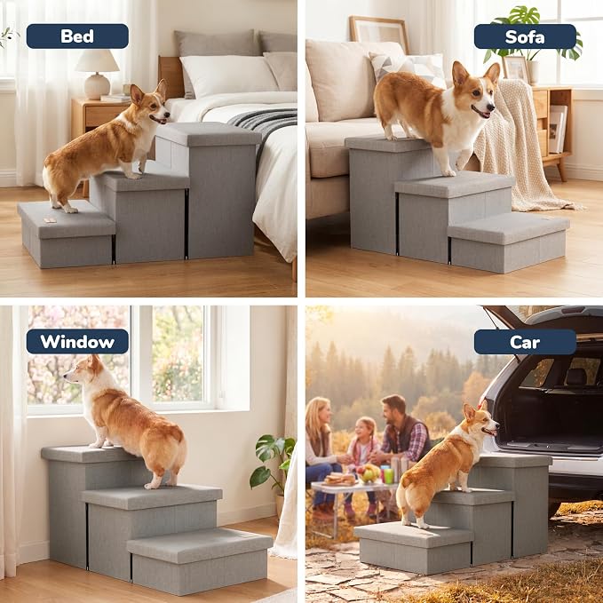 3-Step Dog Stairs for Large Dogs with Storage 18" H, Light Grey | Wide Dog Steps for High Bed Couch Window Car, Jiont-Friendly Pet Stairs Ramp for Small/Medium/Large Old Dogs Cats