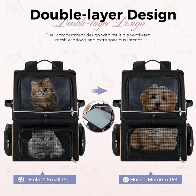 Double Cat Backpack Carrier for 2 Cats, Double-Compartment Pet Carrier Backpack for Two Small Cat or One Medium Cat, Cats Carrier Backpack Dog Carrier Backpack Fits Up to 24 Lbs,Black