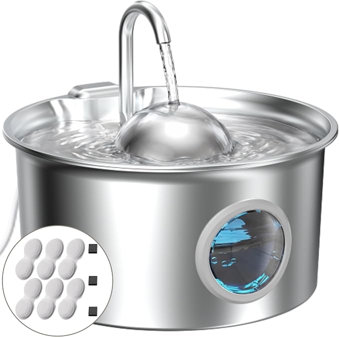 Stainless Steel Cat Water Fountain: Cat Fountain with with 6 Filters + 3 Sponges - 88oz/2.6L Slient Pet Water Fountains for Cats Indoor - DCTROD Kitten Fountains - Gifts for Cats Dogs Small Animals