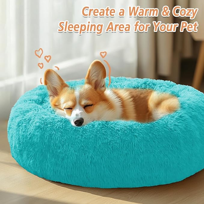 JOLLYVOGUE Calming Dog Bed Medium Size Dog, Anti-Anxiety Donut Medium Pet Bed, 27 inches Fluffy Faux Fur Round Cat Bed (Aqua Blue)