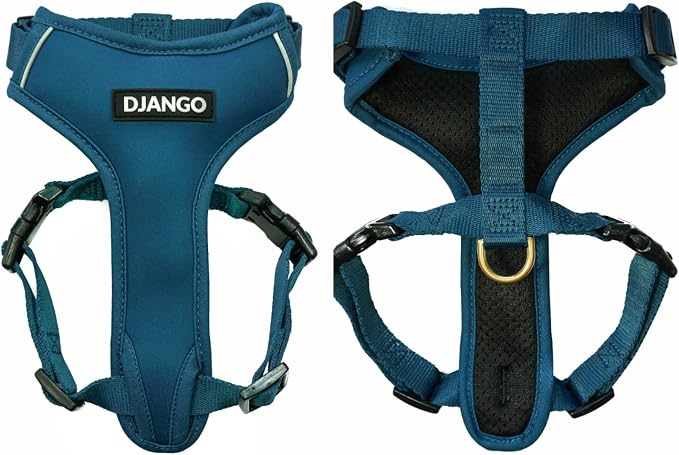 Adventure Dog Harness - Stylish and Durable Medium Dog Harness for Outdoor Adventures and Everyday Wear - Indigo Blue Neoprene Adjustable Harness for Dogs with Reflective Piping, Brass D-Ring