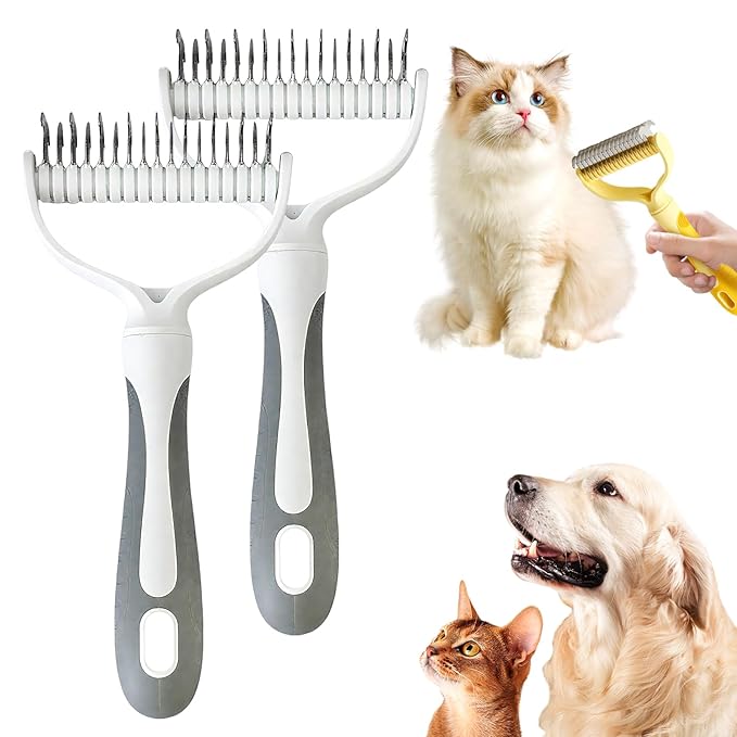 Double-Sided Pet Grooming Brush for Dogs and Cats, 2026 New Dog Deshedding Brush, Dematting Comb Removes Tangles Knots and Loose Fur, Ergonomic Pet Grooming Tool (White*2)