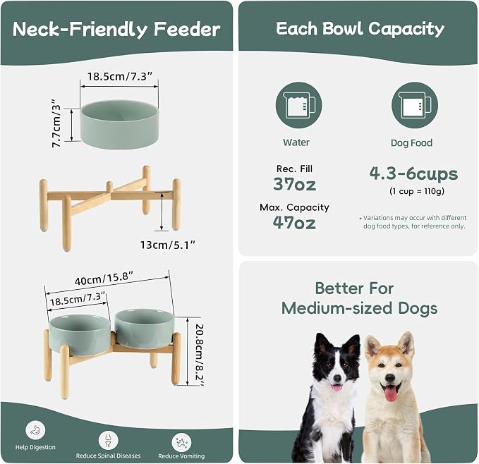 Havniva Elevated Dog Bowls Ceramic Dog Bowls with Stand, Dog Food Bowl | 7.3” Raised Dog Bowls with Non-Slip Wood Stand, Dog Food and Water Bowl Set, Double Dog Feeding Bowls for Medium Dogs