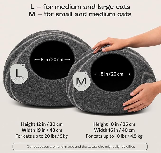 Cat Cave – Premium Felt Cat Bed Bed Enclosure for Indoor Cats, Handmade Merino Wool (Dark Grey, Medium)