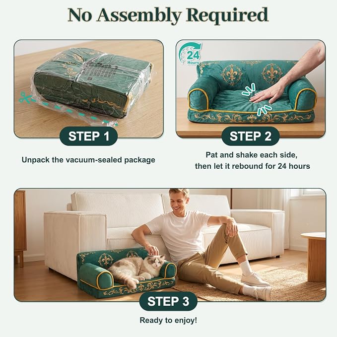Cat Couch Bed, Memory Foam Dog Bed for Small Dogs, 24 Inch | Faux Suede Fabric, Supportive Pet Couch Sofa for Cats and Small Dogs, Non-Slip and Washable Removable Cover, Vintage Green