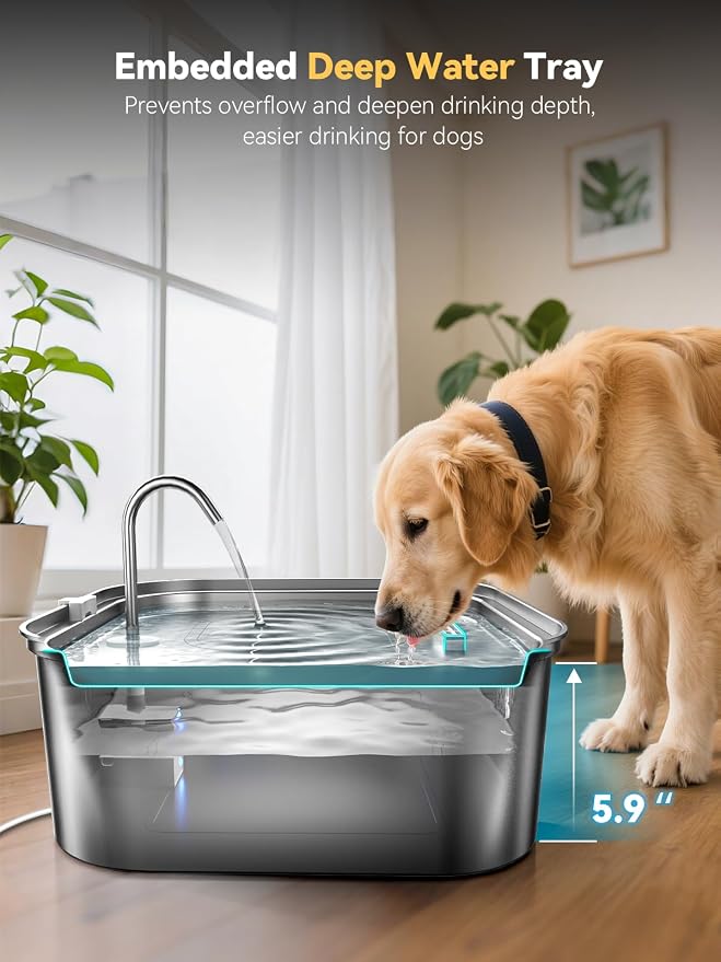 Large Dog Water Fountain 14L/3.7Gal, Stainless Steel Pet Fountain for Large Dogs and Multi-Pets Families, with Visible Window & Extra Wide Drinking Area, Square Design Enlarges Capacity & Saves Space