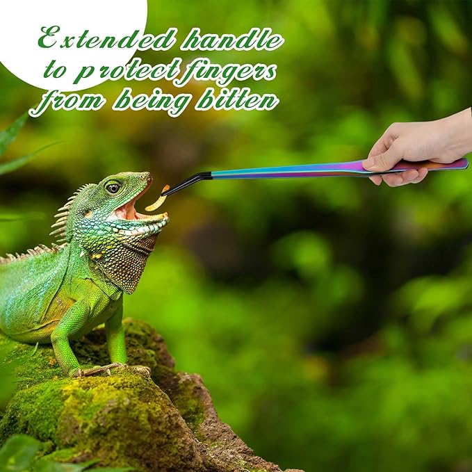 Lasnten 2 Pcs Extra Long Stainless Steel Reptile Feeding Tongs with Rubber Tip 15 Inch Bearded Dragon Aquarium Straight and Curved Long Tweezer Terrarium Feeder Tool for Tank (Colorful)