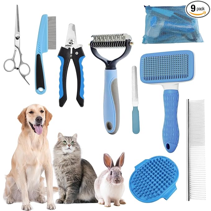 Dog Brush for Shedding,9 PCS in One Pet Slicker Hair Brush Kit with Pet Nail Clipper and File - Dog Cat Grooming Deshedding Undercoat Rake Brush Comb for All Small Large Dogs Cats Blue