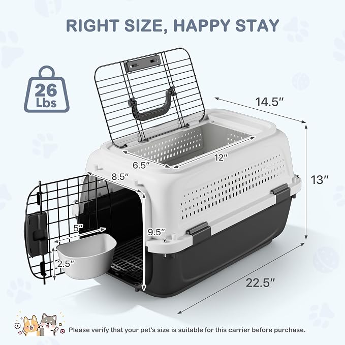 22.5" Hard-Sided Pet Carrier for Small Dogs & Cats, Plastic Cat Carriers | Front & Top Door Access, Ventilation Design, Feeding Bowl Included, for Camping & Trips, for Small Pets up to 26 lbs, Gray