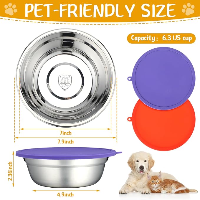 Patelai 4 Pcs Stainless Steel Dog Bowls 7.9" with Silicone Lids Portable Food and Water Dishes for Pets Sealable Containers for Small Medium Dog Cat Indoor (Red,Purple)