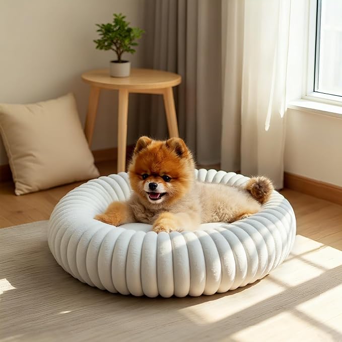 Calming Dog Bed Anti-Anxiety Donut Dog Beds for Small Medium Large Dogs,Washable Plush Fluffy Indoor Cat Kitten Round Cuddler Cushion (Cream, Large-36 inch)