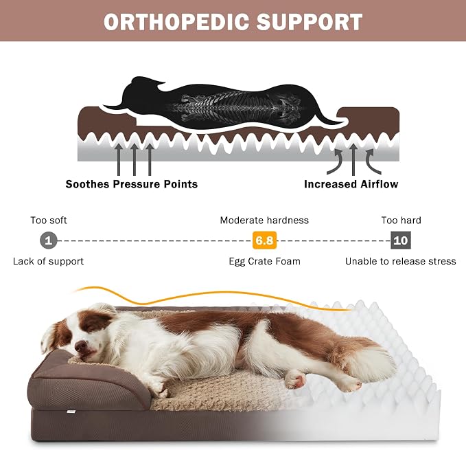 L Plus Orthopedic Dog Bed for Large Dogs, Washable Dog Sofa with Egg-Crate Foam, Waterproof Lining and Non-Skid Bottom