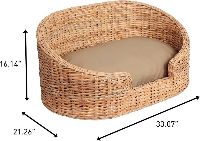 DBD1001B Curvy 33" x 21.25" Classic Handwoven Rattan Pet Bed with Machine-Washable Cushion, Light Brown