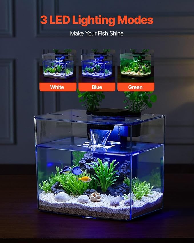 VEVOR Fish Tank Aquarium, 3.5 Gallon, Arch Design, Ultra-Clear GPPS Smart Tank with Adjustable 3-Color Lighting, Self-Cleaning System for Freshwater & Saltwater Fish - Home, Office Use