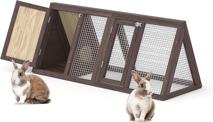 Outdoor Chicken Coop Wooden A-Frame Small Animal Coop Rabbit House Quail Cages with Outdoor Runs & Ventilated Wire Fence Suitable for Garden Backyard Farms 47 x 18 x 19.5 in (Brown)
