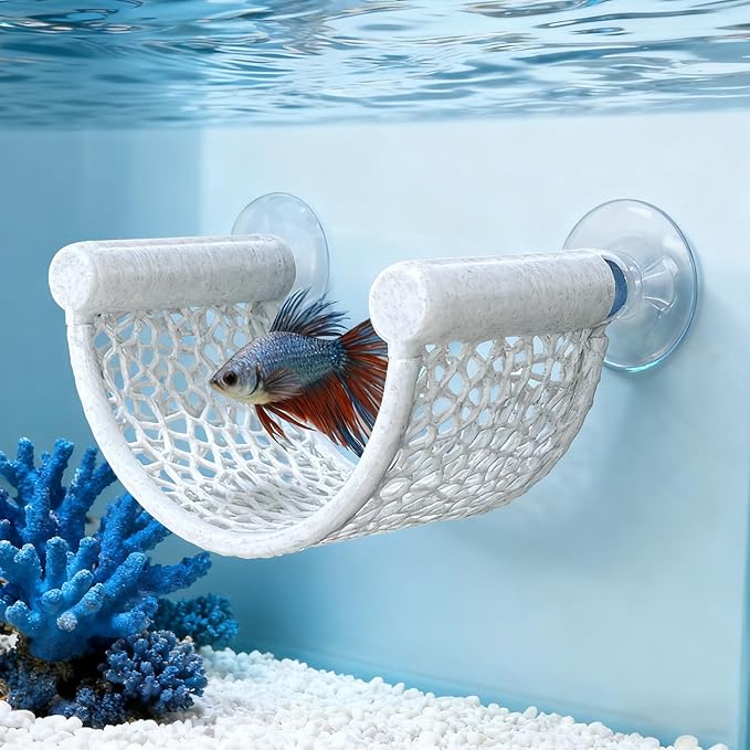 Betta Fish Hammock, White Floating Resting Leaf with Suction Cup - Aquarium Perch Ledge for Bettas, Shrimp, and Nano Fish - Minimalist Tank Decor & Accessory (White)