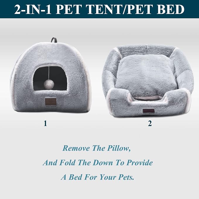 Cat Bed for Indoor Cats - Cat Cave Bed Cat House Cat Tent with Removable Washable Cushioned Pillow, Soft and Self Warming Kitten beds, Pet Bed（Large Grey）