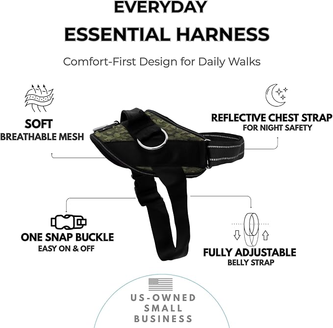 ShawnCo Essential Dog Harness, No-Pull Pet Vest (Military Camo,S) | 3 Leash Clips, Easy On, No-Choke, Reflective, Adjustable Fit, Padded Comfort, Control Handle, For Small, Medium & Large Dogs