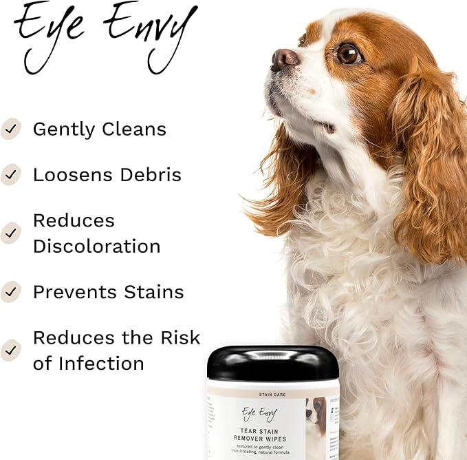 Eye Envy Tear Stain Wipes for Dogs. Textured to Gently Clean. Presoaked in Natural Formula. Recommended by AKC Breeders, Professional Groomers. Cleans Staining. USA Made. 60 Wipes