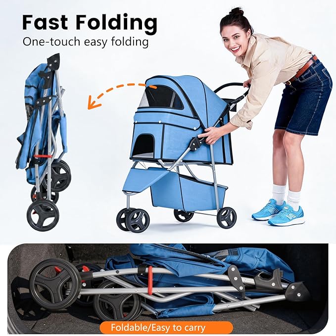 BestPet | 3-Wheel Pet Stroller | Blue | Foldable Dog and Cat Stroller | Breathable Mesh | Lightweight, Waterproof Travel Carrier with Cup Holder & Storage Basket | for Daily Walks & Outdoor Use