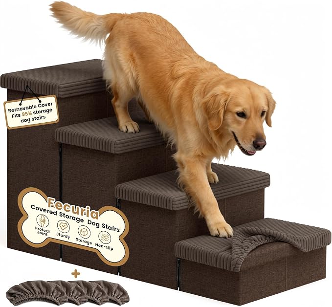 4-Step Wide Dog Stairs 23" H with Removable Cover, Non-Slip Storage Pet Steps for High Bed Couch, Pet Stairs for Small/Medium/Large Old Dogs Puppy Up to 220lbs, Cat Dog Steps for Car, Coffee
