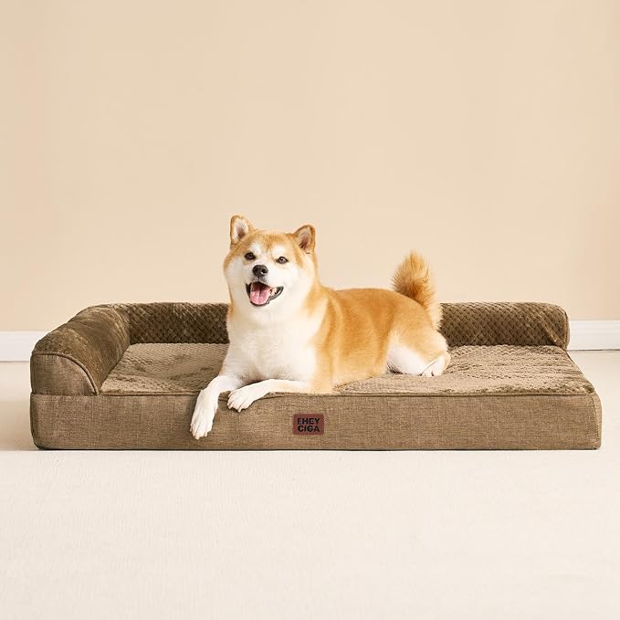 EHEYCIGA Memory Foam Dog Bed Large Size Dogs, Orthopedic Dog Bed Large with Washable Removable Cover, Waterproof Pet Sofa Couch with Nonskid Bottom, 36x27x6, Camel | Washable Removable Cover, Waterproof Flat Pet Sofa Couch with Nonskid Bottom, 36x27x6