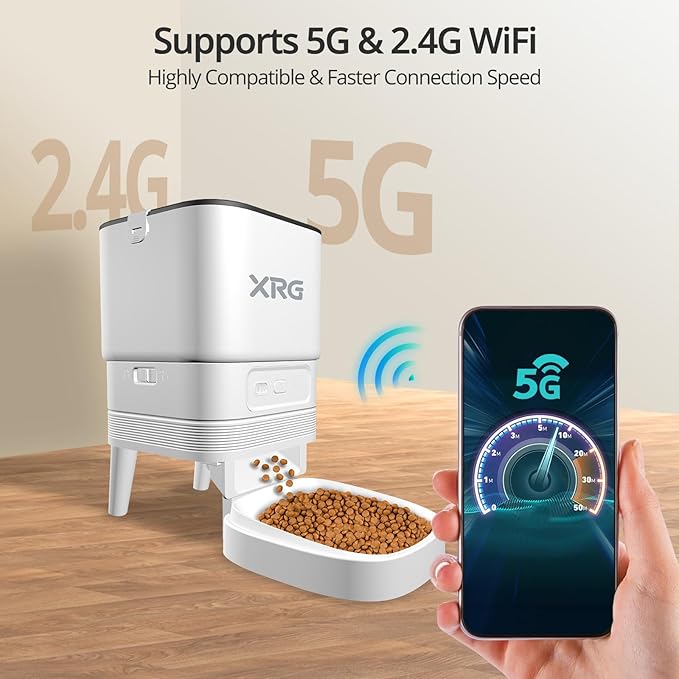 Automatic Cat Feeder 5G WiFi,Automatic Dog Feeder Double Anti-Blocking,WiFi Auto Timed Cat Dispenser 10 Meals A Day,Dog Food Dispenser Dual Power with 10s Voice Recorder,Easy to Install & Clean,White