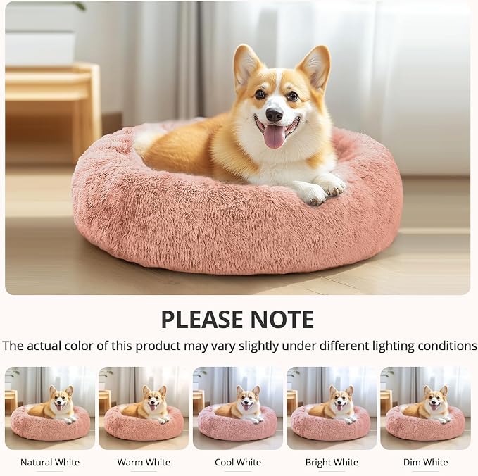 JOLLYVOGUE Calming Dog Beds Large Sized Dog, 36in Donut Washable Large Pet Bed, Anti-Slip & Anti-Anxiety Fluffy Faux Fur Round Dogs Bed, Fits up to 80 lbs Pets (Peach Pink)