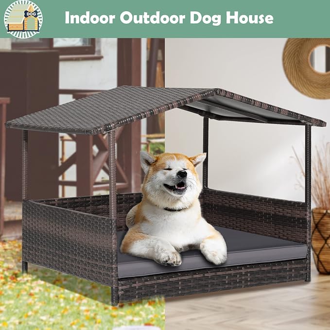 Wicker Dog Bed House, Indoor Outdoor HDPE Rattan Dog Houses, Raised Dog Cot Pet House, Elevated Pets Sofa w/Washable Cover, Waterproof Roof Shelter, Removable Cushion Lounge