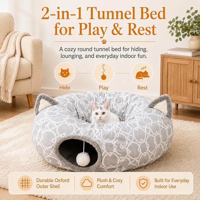 Geometric Cat Tunnel Bed Under Christmas Tree Oxford Outside with Plush Inside,Cats Toys Collapsible Tunnel Tube with Balls, for Rabbits, Kittens, Ferrets,Puppy 3FT
